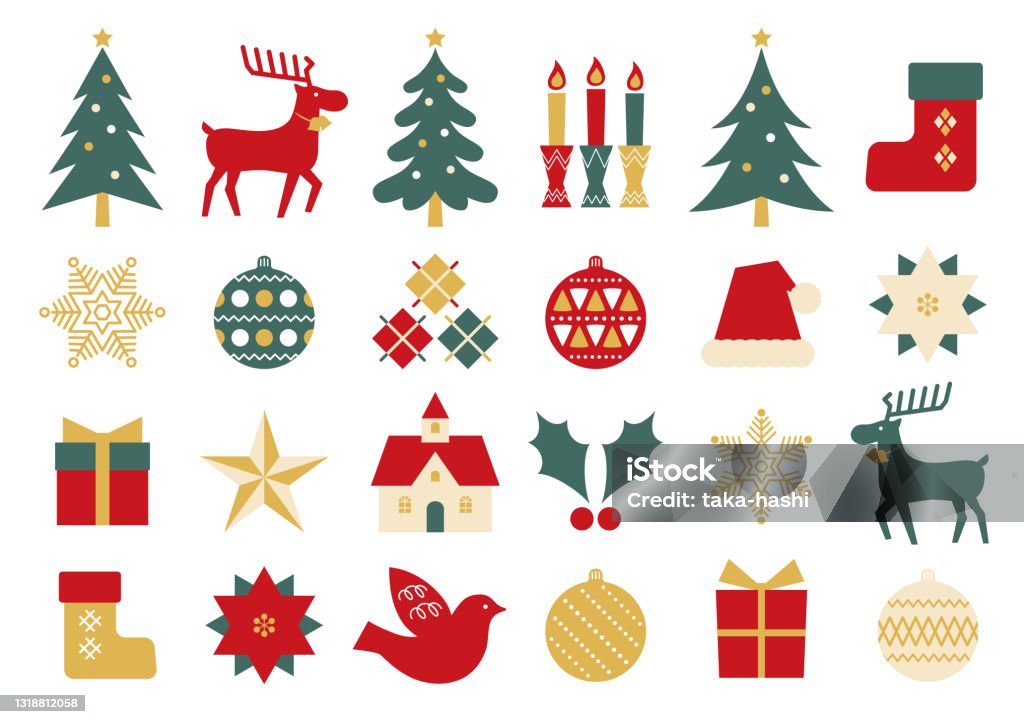 Ładny Zestaw Świątecznych Ikon Płaskich - Grafika wektorowa royalty-free (Boże Narodzenie)