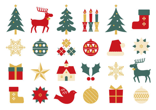 ładny zestaw świątecznych ikon płaskich - vector ornaments stock illustrations