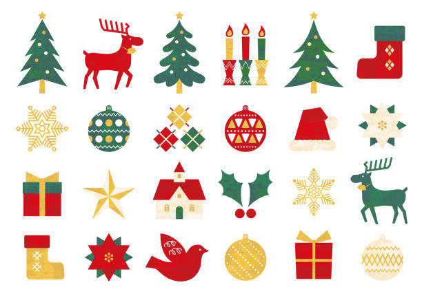 симпатичные рождественские плоские значок набор с текстурами - bird christmas holly christmas stocking stock illustrations