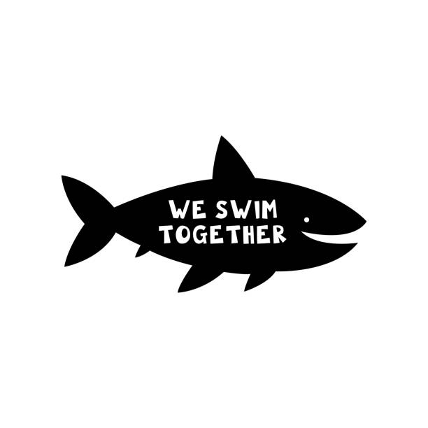 ilustrações de stock, clip art, desenhos animados e ícones de shark with lettering. sea creature, animal, fish. black silhouette. cut board design template. - save oceans