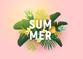 Summer tropical vector design for banner or flyer with exotic palm leaves, flowers and typography. Exotic background.