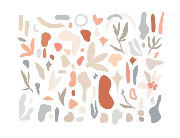 손으로 그린 벡터 추상 스톡 그래픽 일러스트 컬렉션 세트 번들 로 현대 콜라주 자연 지점의 현대 요소, 잎, 실루엣, 꽃과 흰색 배경에 고립 된 별 - fractal stock illustrations