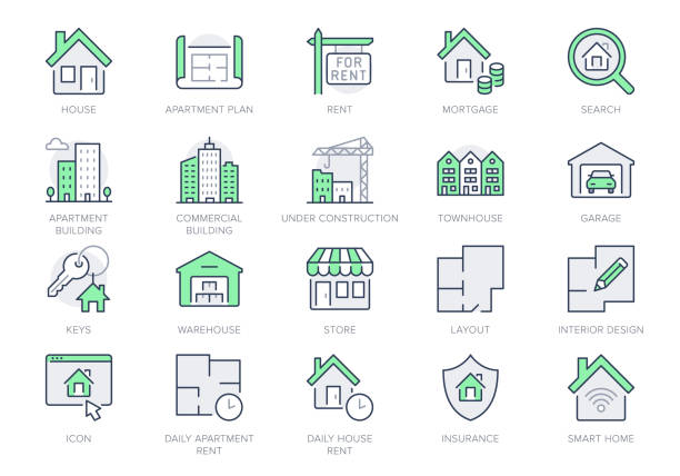 Real estate line icons. Vector illustration include icon - house, insurance, commercial, blueprint, townhouse, keys, shop, store outline pictogram for property agency Green Color, Editable Stroke Real estate line icons. Vector illustration include icon - house, insurance, commercial, blueprint, townhouse, keys, shop, store outline pictogram for property agency Green Color, Editable Stroke. blueprint symbols stock illustrations
