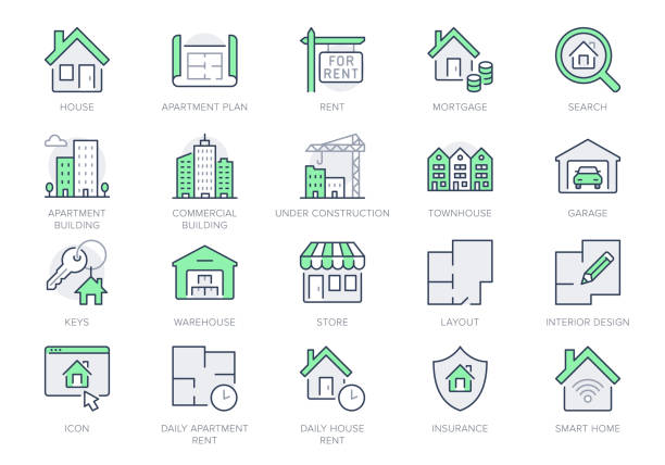 Real estate line icons. Vector illustration include icon - house, insurance, commercial, blueprint, townhouse, keys, shop, store outline pictogram for property agency Green Color, Editable Stroke Real estate line icons. Vector illustration include icon - house, insurance, commercial, blueprint, townhouse, keys, shop, store outline pictogram for property agency Green Color, Editable Stroke. flat icons stock illustrations