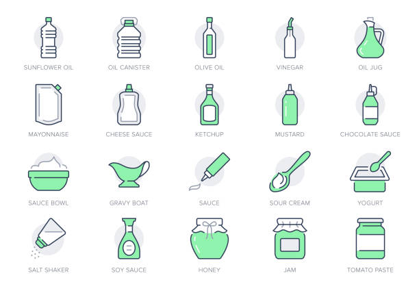 Sauces line icons. Vector illustration include icon - jug, cup, vinegar, mayonnaise, ketchup, sour cream, cheese sauce, outline pictogram for food spice. Green Color, Editable Stroke Sauces line icons. Vector illustration include icon - jug, cup, vinegar, mayonnaise, ketchup, sour cream, cheese sauce, outline pictogram for food spice. Green Color, Editable Stroke. vinegar bottle stock illustrations