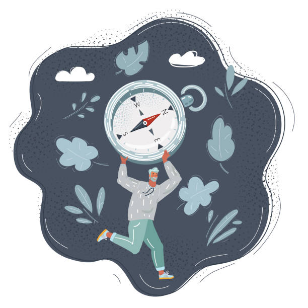 istock Vector illustration of man searching direction with a compass on dark background. 1318816015
