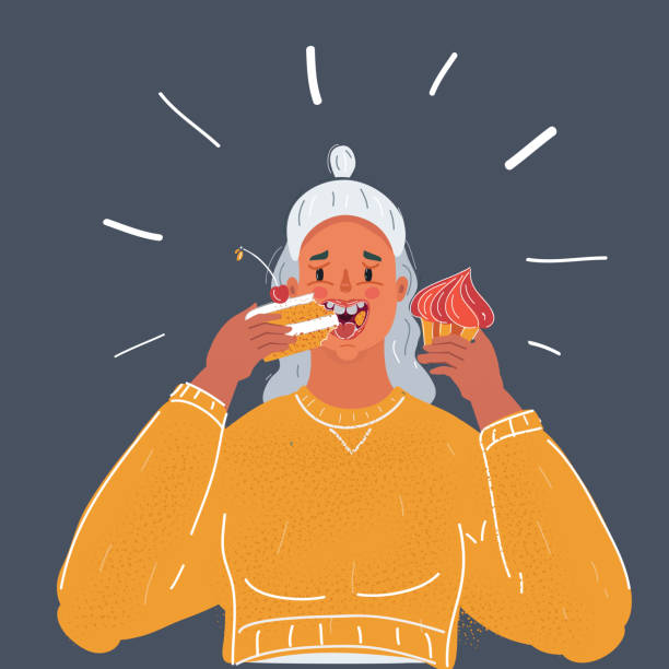 Vector illustration of Woman Eating A Piece Of Cake on dark background. Cartoon vector illustration of Woman Eating A Piece Of Cake on dark background. carrot cake day stock illustrations