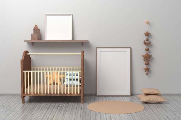 istock Kids child room interior with cradle and two A4 and square blank frames 1318816192