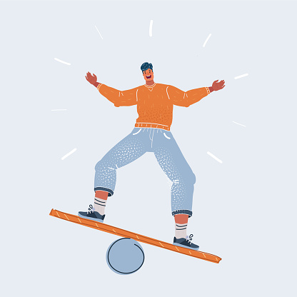 Cartoon vector illustration of man balancing on board. Human character on white background.