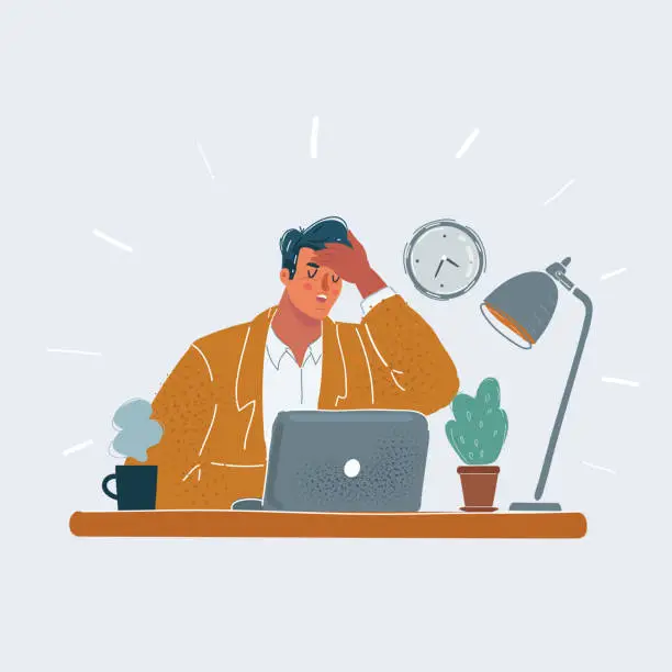 Vector illustration of Vector illustration of tired man, who touch him forehead with him hand. Character sitting at table. Tiered, illness, fever head ache and exhausted people at office concept on white background.