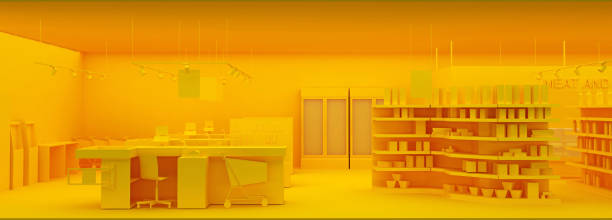 low poly supermarket interior in orange color stock photo