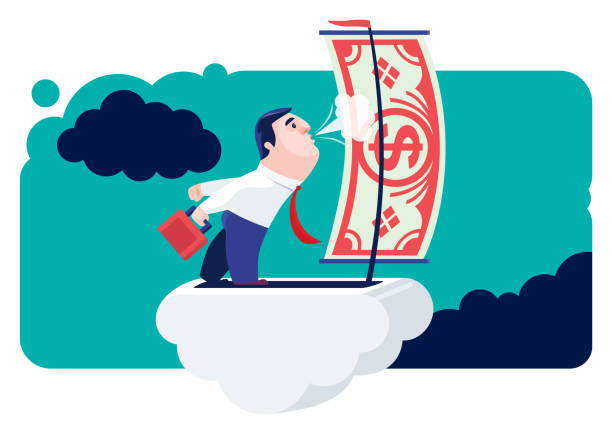 ilustrações de stock, clip art, desenhos animados e ícones de businessman blowing money sign sail on cloud - star nautical vessel one person direction