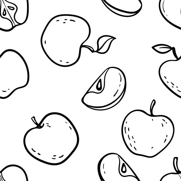 piękny czarno-biały bezszwowy wzór doodle z uroczym szkicem jabłek doodle. ręcznie rysowane modne tło. projektowanie kart okolicznościowych w tle, zaproszeń, tkanin i tekstyliów - tree book apple apple tree stock illustrations