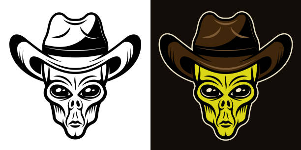 ilustraciones, imágenes clip art, dibujos animados e iconos de stock de cabeza alienígena en la ilustración vectorial sombrero vaquero en dos estilos negro sobre blanco y colorido sobre fondo oscuro - aliens and cowboys