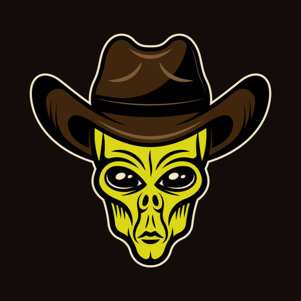 ilustraciones, imágenes clip art, dibujos animados e iconos de stock de cabeza alienígena en la ilustración vectorial sombrero vaquero en estilo colorido de dibujos animados aislado en fondo oscuro - aliens and cowboys