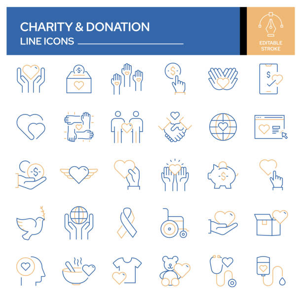 ilustrações de stock, clip art, desenhos animados e ícones de set of charity and donation related line icons. outline symbol collection, editable stroke - voluntariado