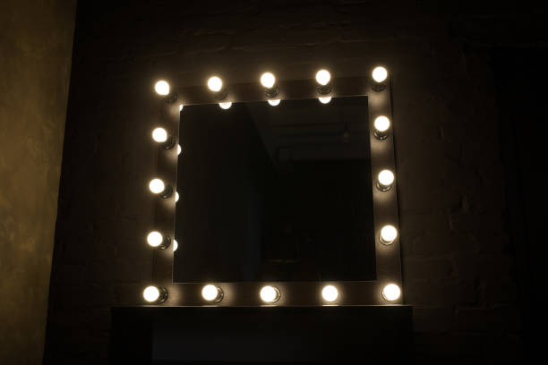 istock Antique mirror with lamps close up on black background 1318824047