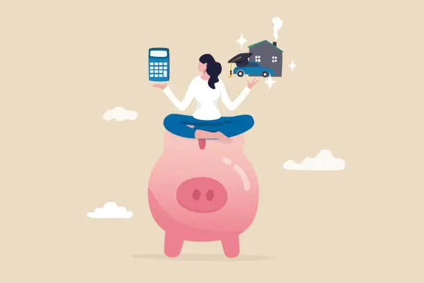 Vector illustration of Personal finance money management, expense, cost and budget calculation for education, housing mortgage or car loan concept, smart woman on piggy bank with calculator, house, car and graduate hat.