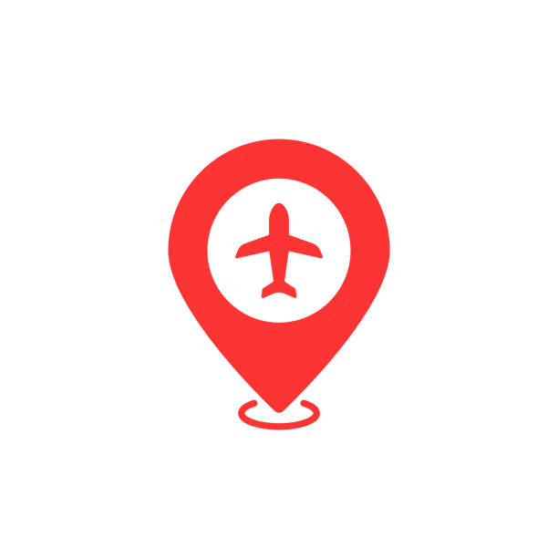 airport geotag with red map pin airport geotag with red map pin. flat style trend modern minimal graphic design web element isolated on white background. concept of find air port or simple location marker or geo tag airport check in counter stock illustrations