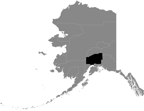 Black highlighted location map of the US Matanuska-Susitna borough inside gray map of the Federal State of Alaska, USA