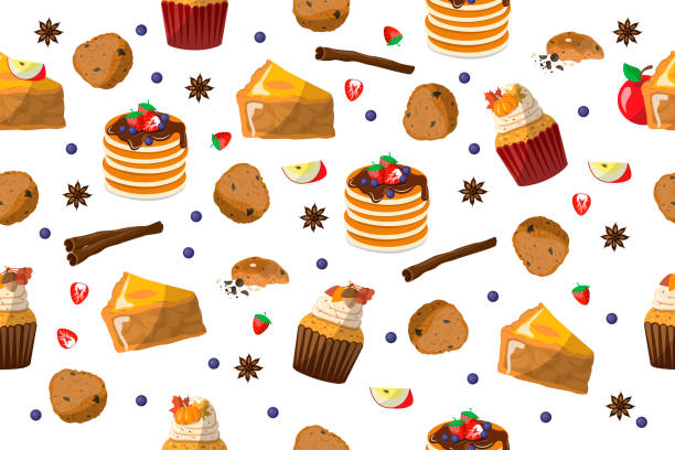 Cakes seamless pattern. apple pie, oatmeal cookies, pancake, chocolate, berries, muffin, cinnamon, star anise. Sweet background for cafe menu, kids wallpape Cakes seamless pattern. apple pie, oatmeal cookies, pancake, chocolate, berries, muffin, cinnamon, star anise. Sweet background for cafe menu, kids wallpaper, festive packaging apple pie cheese stock illustrations
