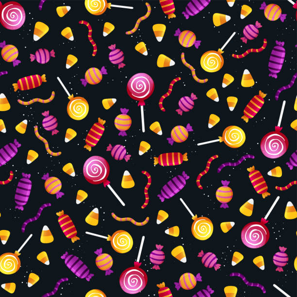 ilustrações de stock, clip art, desenhos animados e ícones de halloween candy seamless pattern, hand lettering trick or treat, candy corn - great for textiles, banners, wallpapers, wrapping - vector design - candy hard candy wrapped variation