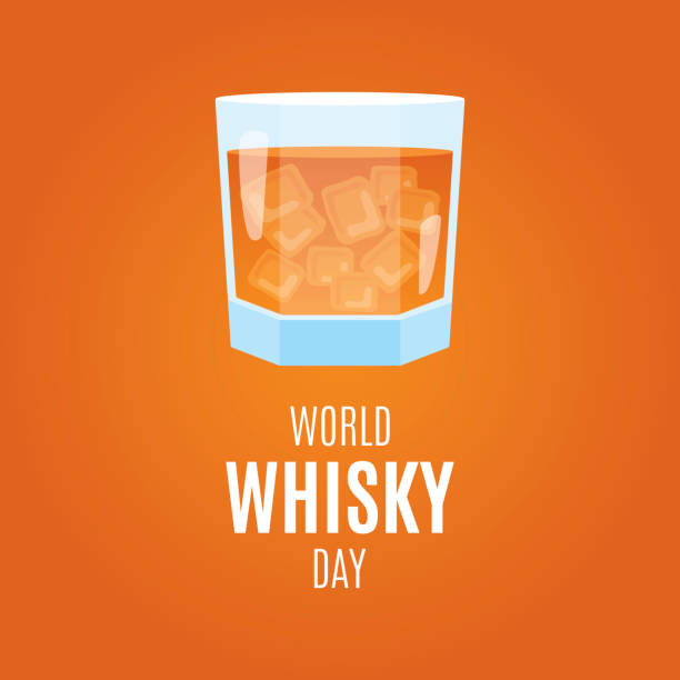 World Whisky Day vector Glass of whiskey with ice vector. Whisky drink icon isolated on a brown background. Important day glass of bourbon stock illustrations