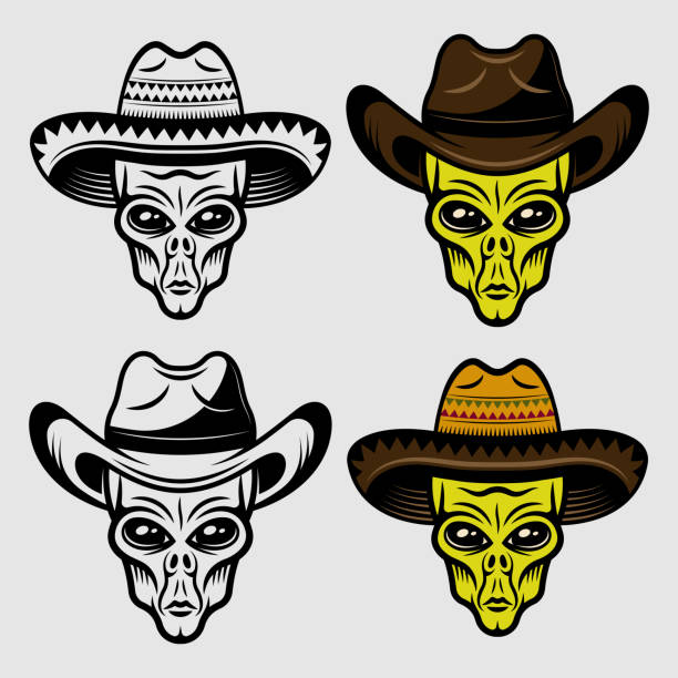 ilustrações de stock, clip art, desenhos animados e ícones de alien heads in sombrero and cowboy hat set of vector objects or design elements it two styles black and colorful - aliens and cowboys