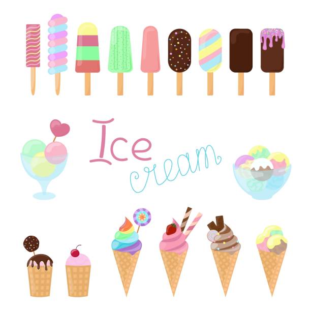 мороженое большой вектор набор изолированных на белом фоне. коллекция холодных десертов. мороженое разных вкусов и видов украшено шоколад� - flavored ice lollipop candy affectionate stock illustrations