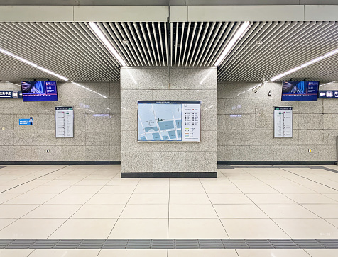May 11, 2021: Beijing Subway Line 8 YUZHILU Station Hall and Information Wall