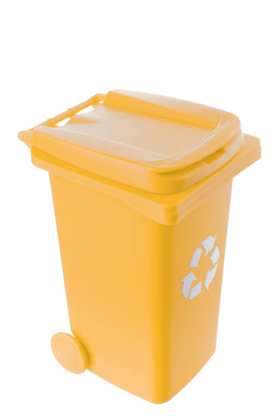 istock Plastic yellow trash can isolated on white background 1318833602