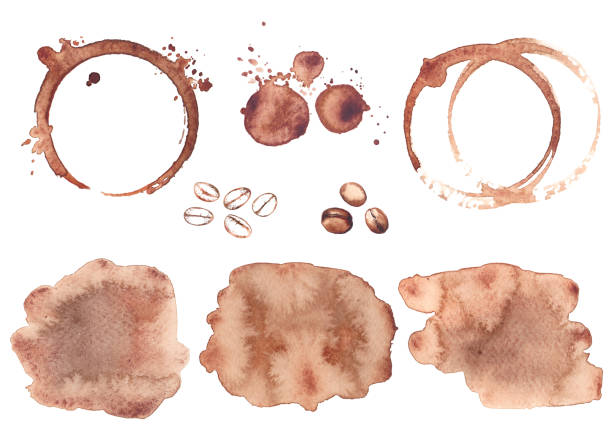 istock Set of brown coffee staines and beans on white background. 1318833978