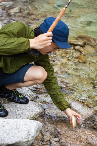 istock Tenkara fly fisherman caught a small freshwater fish 1318834480