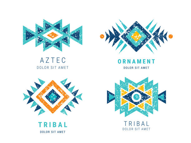 ilustraciones, imágenes clip art, dibujos animados e iconos de stock de conjunto de logotipos aztecas - ilustraciones de azteca logo