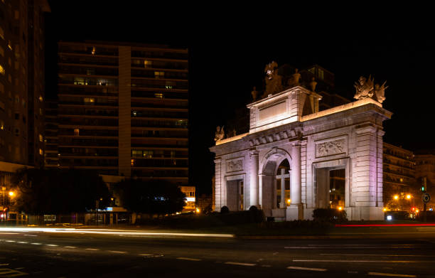 Nightscape of monument of "Puerta del Mar" in the city of Valencia stock photo