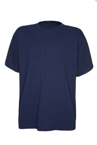 istock blue mens t-shirt on white isolated background with place for text. Mockup template for adding your content. 1318836132