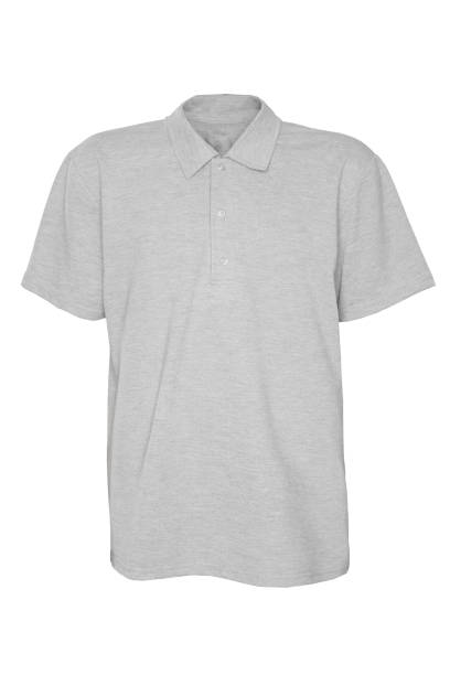 istock gray polo, t-shirt on white isolated background with place for text. Mockup template for adding your a content. 1318836219