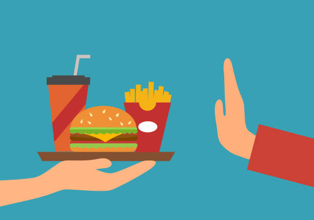 ilustrações, clipart, desenhos animados e ícones de homem ou mulher recusam junk food em design plano. pare de comer alimentos não saudáveis ou fast food para uma boa saúde. - comida rápida