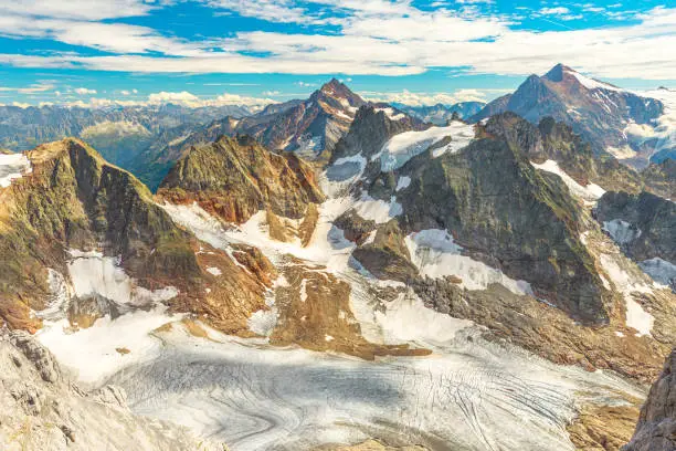 Mount Titlis in the Swiss Alps panorama view in the snow. Switzerland, cantons of Obwalden and Bern.