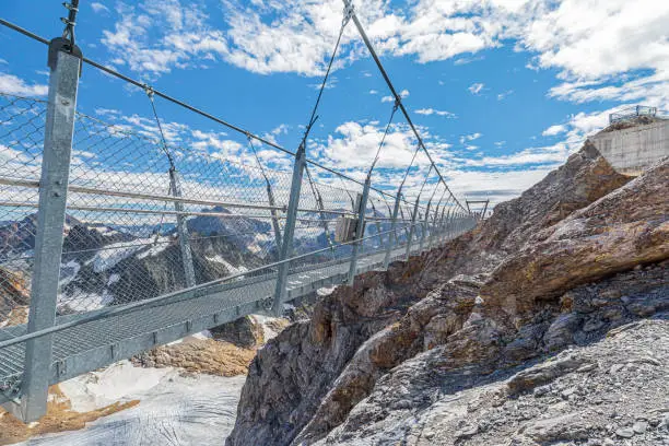 Titlis cliff walk suspension bridge on top of Titlis mountain with glacier in the Uri Alps. Viewpoint 3028 m located in cantons of Obwalden and Bern, Switzerland, Europe. Summer season blue cloudy sky