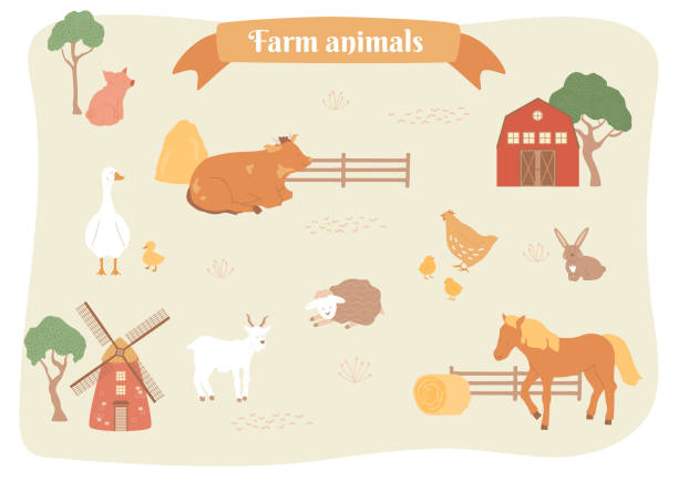 ilustraciones, imágenes clip art, dibujos animados e iconos de stock de los animales de granja caminan en el potrero en el campo. - paddock