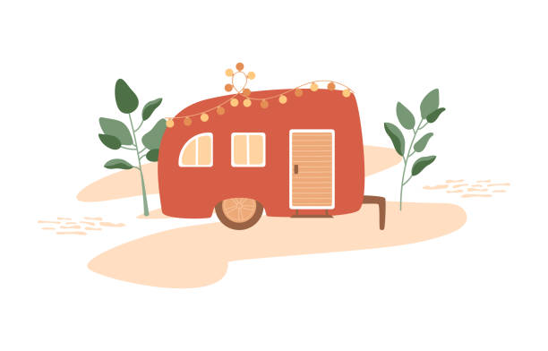 красный трейлер на абстрактном пляже с гирляндами. - mobile home illustrations stock illustrations