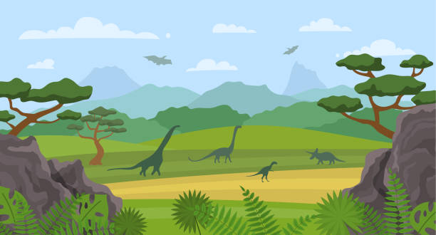 ilustraciones, imágenes clip art, dibujos animados e iconos de stock de dinosaurios de color de dibujos animados y concepto de escena de paisaje. vector - dinosaurio
