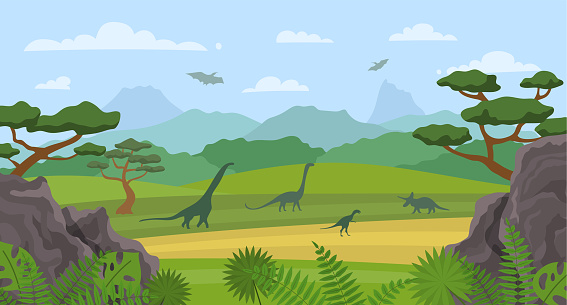 Cartoon Color Dinosaurs and Landscape Scene Concept Flat Design Style. Vector illustration of Prehistoric Nature Background