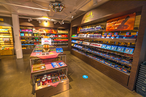 Titlis, Engelberg, Switzerland - Aug 27, 2020: Lindt store with chocolates, of the rooftop restaurant on the top of Titlis peak cable car station. Located in cantons of Obwalden and Bern.