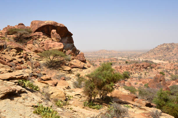View from the Laas Geel massif, famous for its rock paintings, Somaliland, So Laas Geel / Laas Gaal, Maroodi Jeex region, Somaliland, Somalia: red granite rock massif and surrounding semi-desertic area - contains some of the earliest and best-preserved art works known in the Horn of Africa and on the African continent as a whole, suggested dates vary between 4000 BC and 3000 BC. hargeysa photos stock pictures, royalty-free photos & images