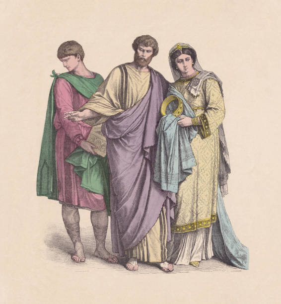 ilustrações de stock, clip art, desenhos animados e ícones de 4th-6th century, christians, men and woman, hand-colored woodcut, published c.1880 - ancient rome illustration and painting engraving engraved image