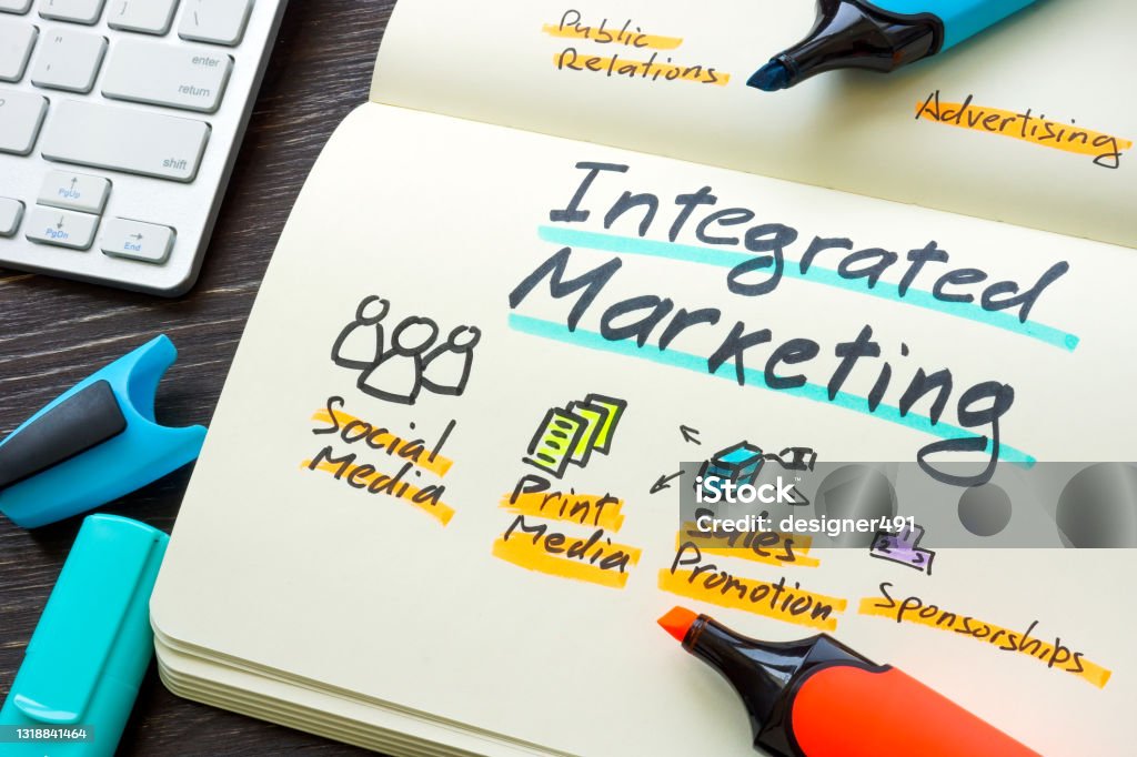 Handwritten Integrated marketing structure in the notepad. Marketing Stock Photo