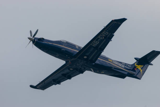 Pilatus PC-12 aircraft is departing from the airport Saint Gallen Altenrhein in Switzerland April 28,2021