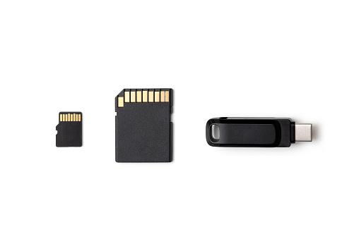 Multiple storage devices, pendrive, memory cards isolated top view